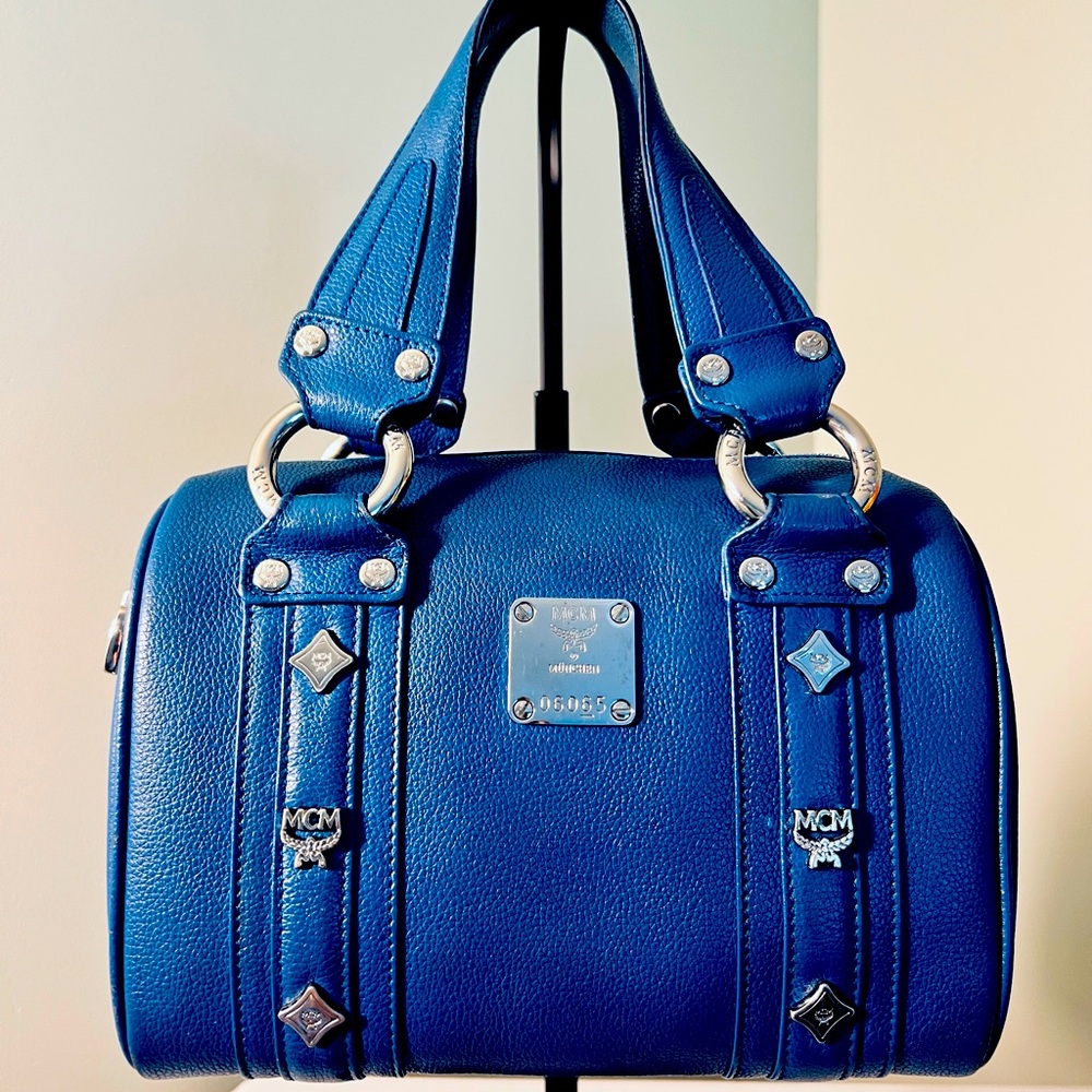 Authentic MCM Mini Boston Bag Blue Leather - Picture 2 of 16